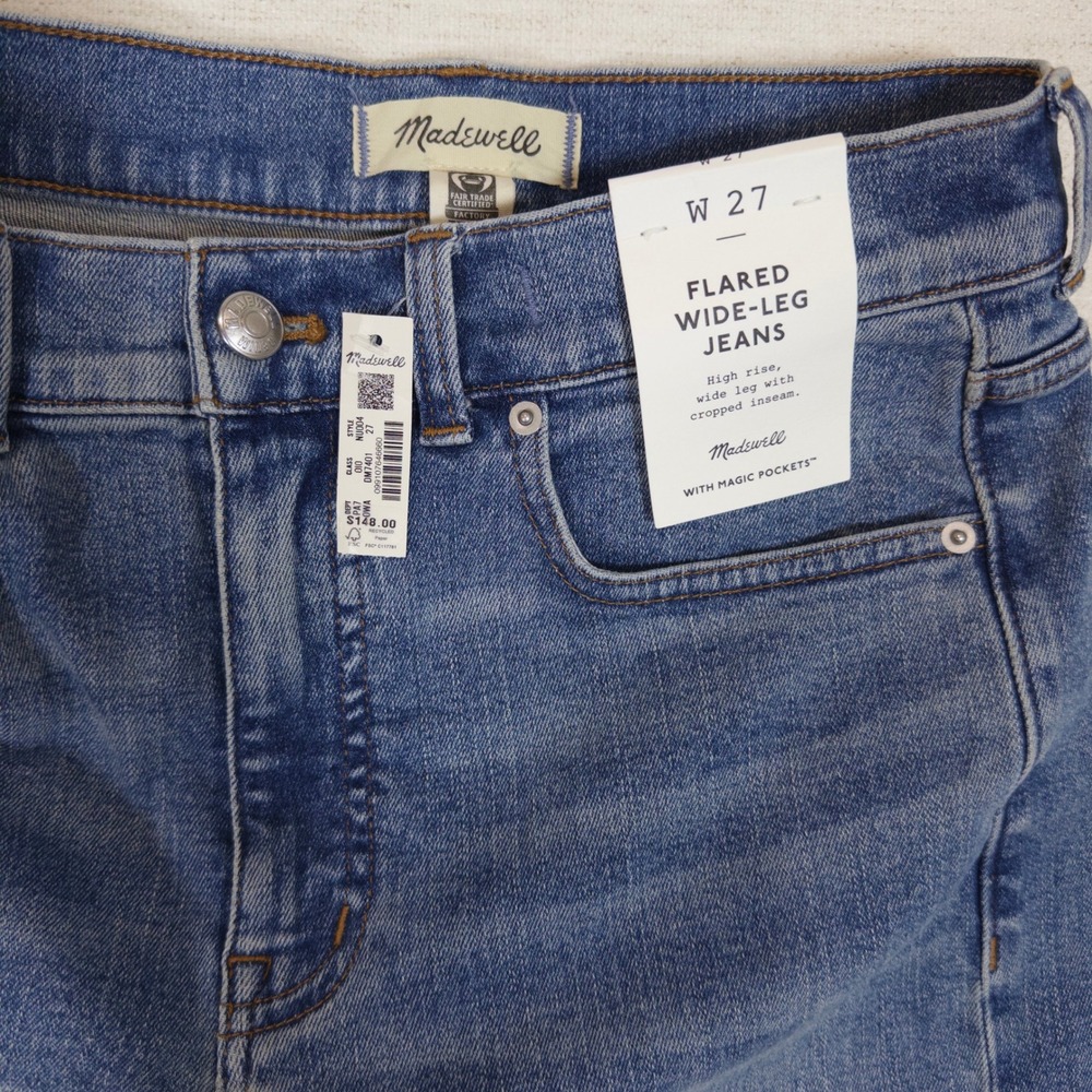 Madewell Flared Wide-Leg Jeans 27 Womens High Rise Cropped Raw Hem Blue - Picture 7 of 10